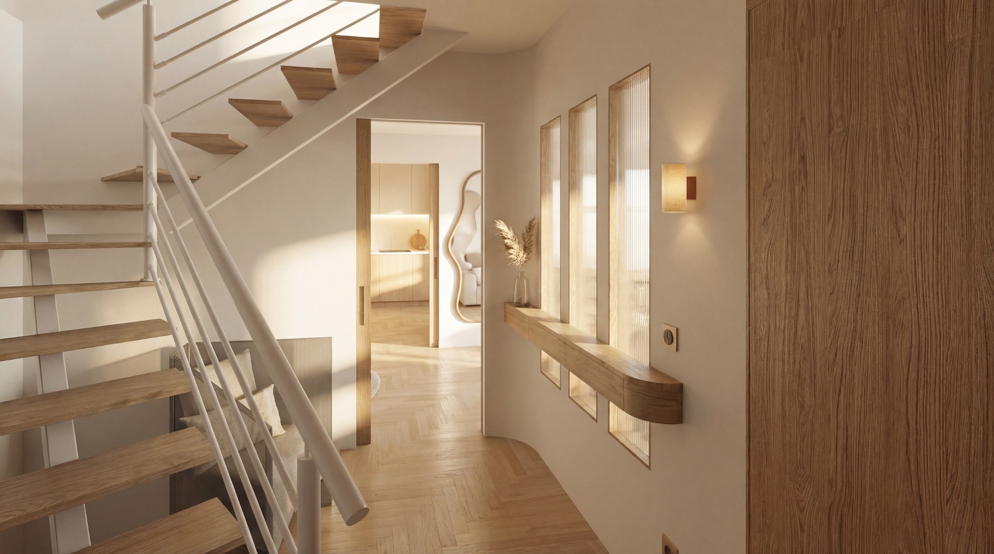 Projet Maison à Suresnes : entrée lumineuse avec escalier en bois et garde-corps blanc